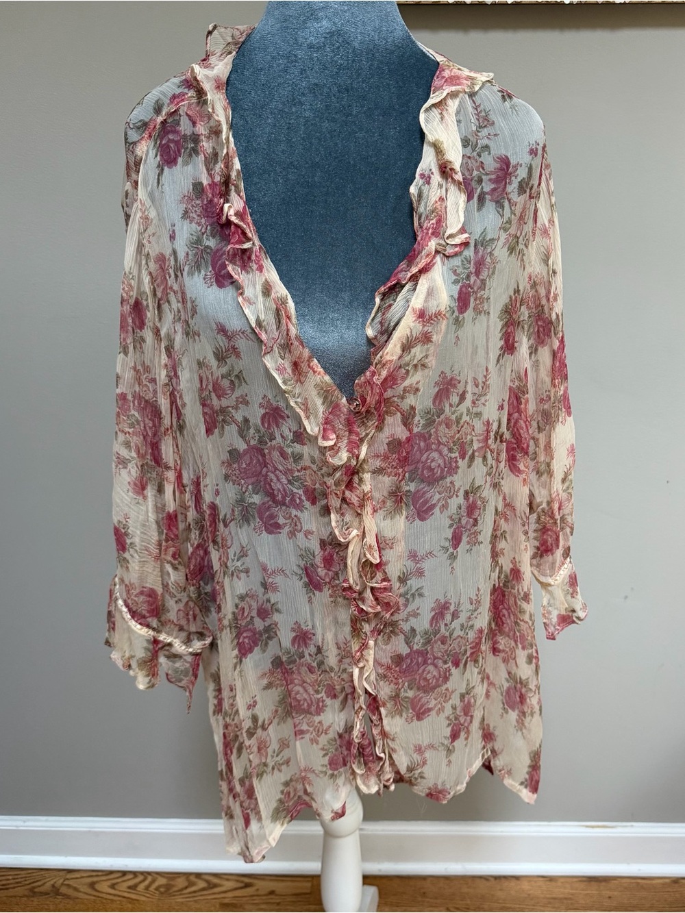 Vintage April Cornell April Too! Ruffles flowy floral top blouse tunic jacket